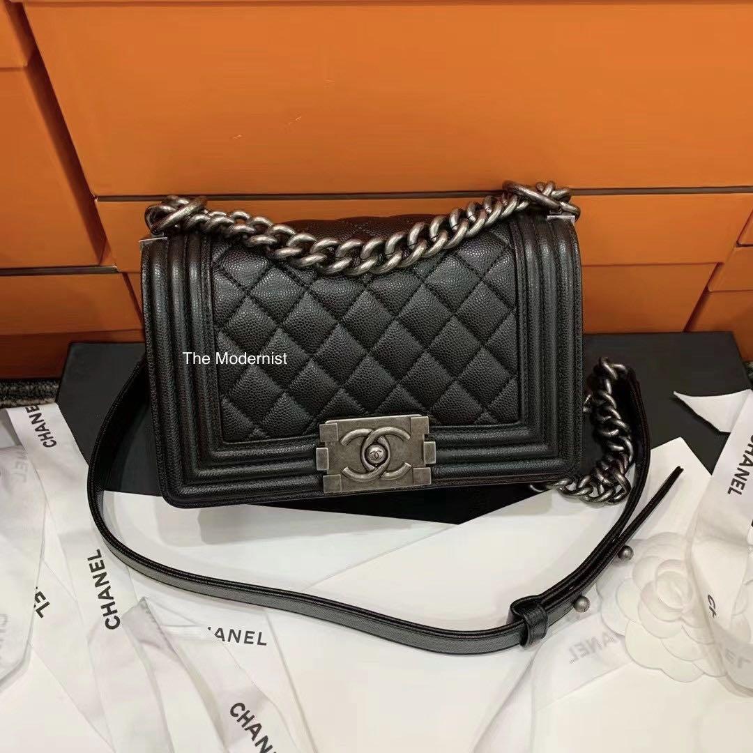 Chanel Boy Mini with Handle in Calfskin  Ruthenium Metal Black