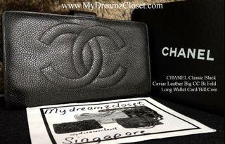CHANEL Classic Black Caviar Leather Big CC Bi Fold Long Wallet Card/Bill/Coin