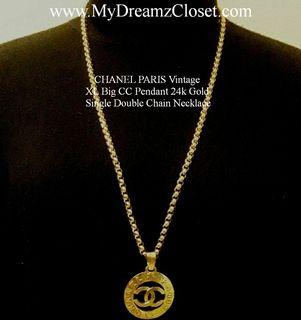 CHANEL PARIS Vintage XL Big CC Pendant 24k Gold Single Double Chain Necklace