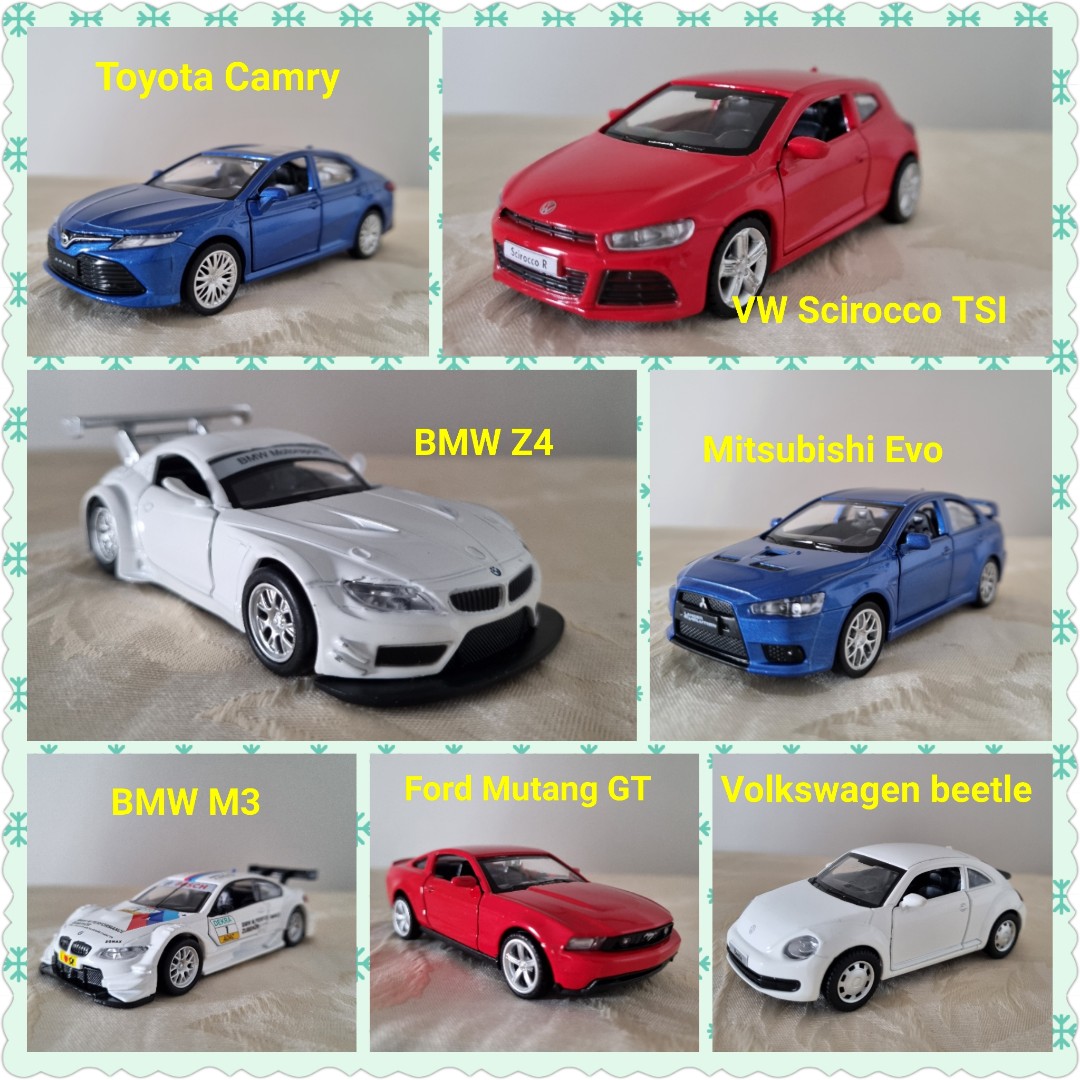 Diecast toy cars Camry, Scirocco, Beetle, M3, Z4, Mustang GT, Mitsubishi Evo, BMW X7, Audi Q7
