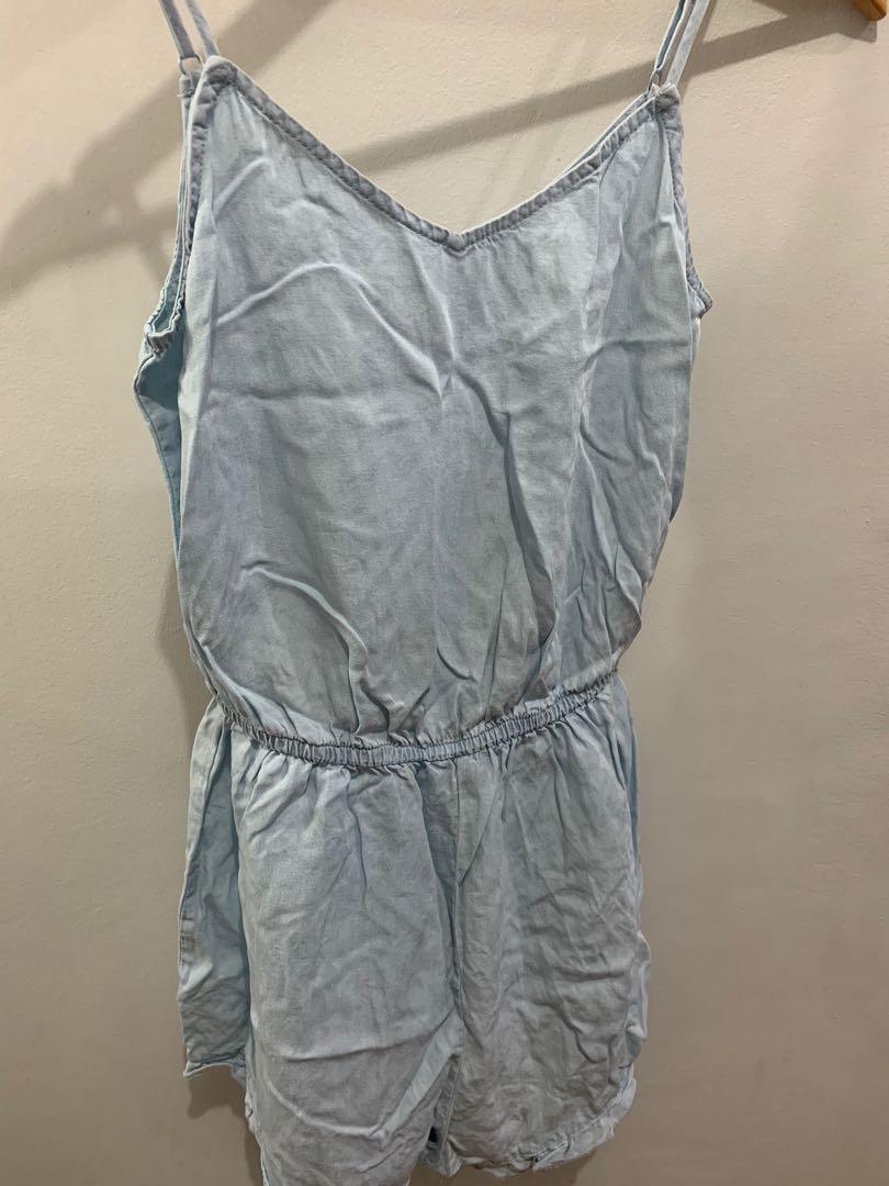 Denim Romper (Category: Rompers) located in Pasay City. Submitted by nymodig (Listing ID 1094807326, Image 1). Description: fits XS.