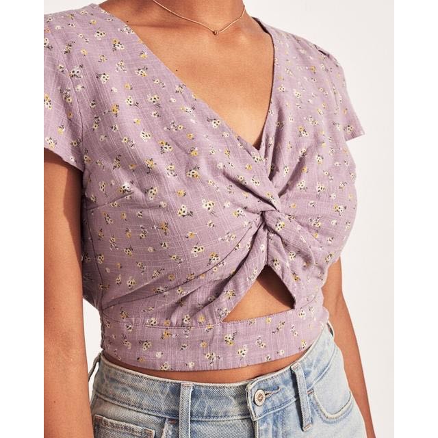 Hollister Purple Floral Ruched Crop Top Women s Fashion Tops