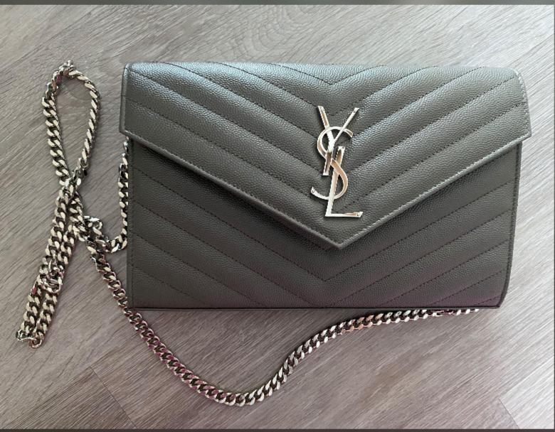 Saint Laurent Monogram Chain Wallet Grey with Silver Hardware