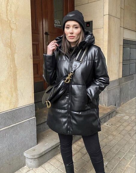 Faux leather long puffer coat