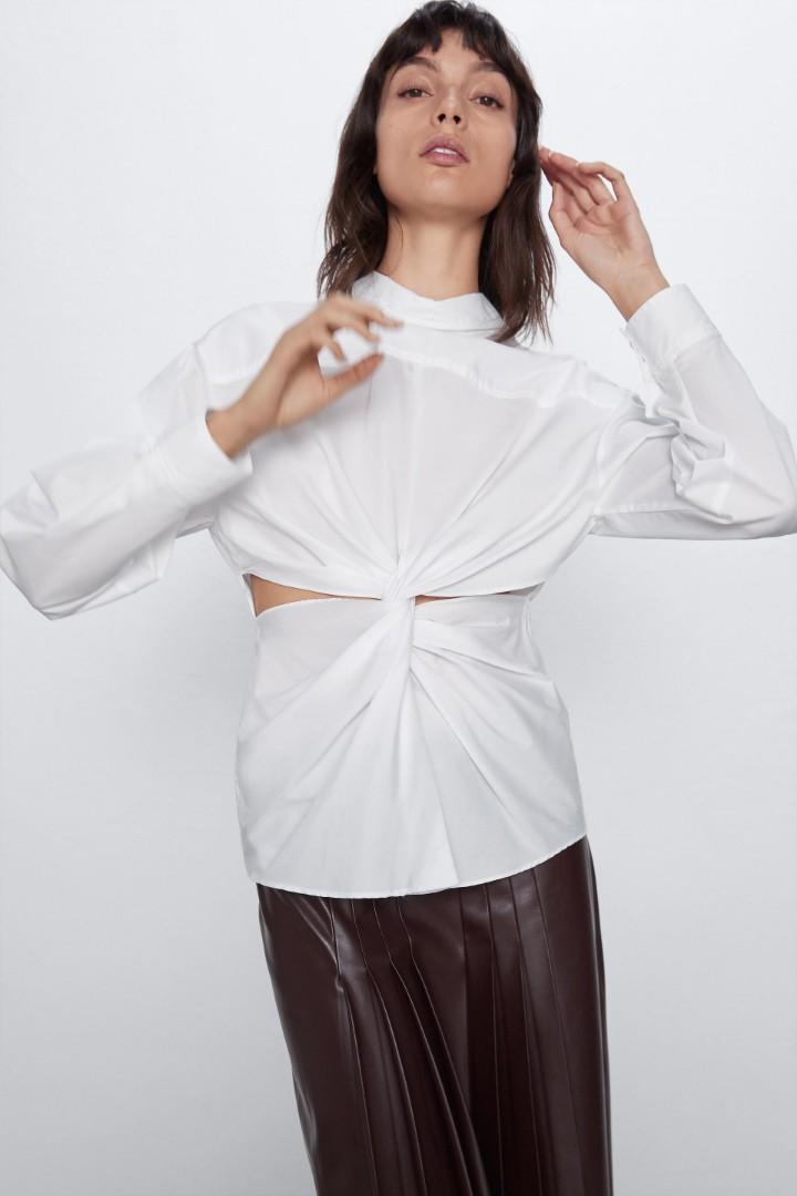 Zara Poplin Knotted Shirt White Kemeja Putih Lengan Panjang, Fesyen