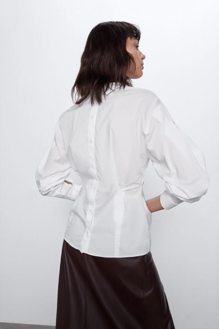 Zara Poplin Knotted Shirt White Kemeja Putih Lengan Panjang, Fesyen