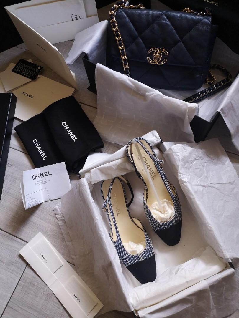Chanel Navy Blue/Black Tweed And Canvas Cap Toe Slingback Sandals