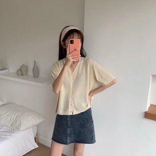 細針織排扣短袖上衣（杏色）
