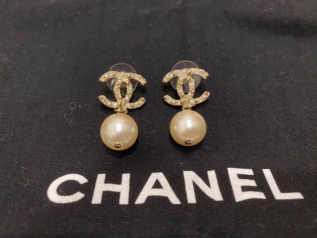 CHANEL Classic CC Logo Crystal Pearl Drop Earrings