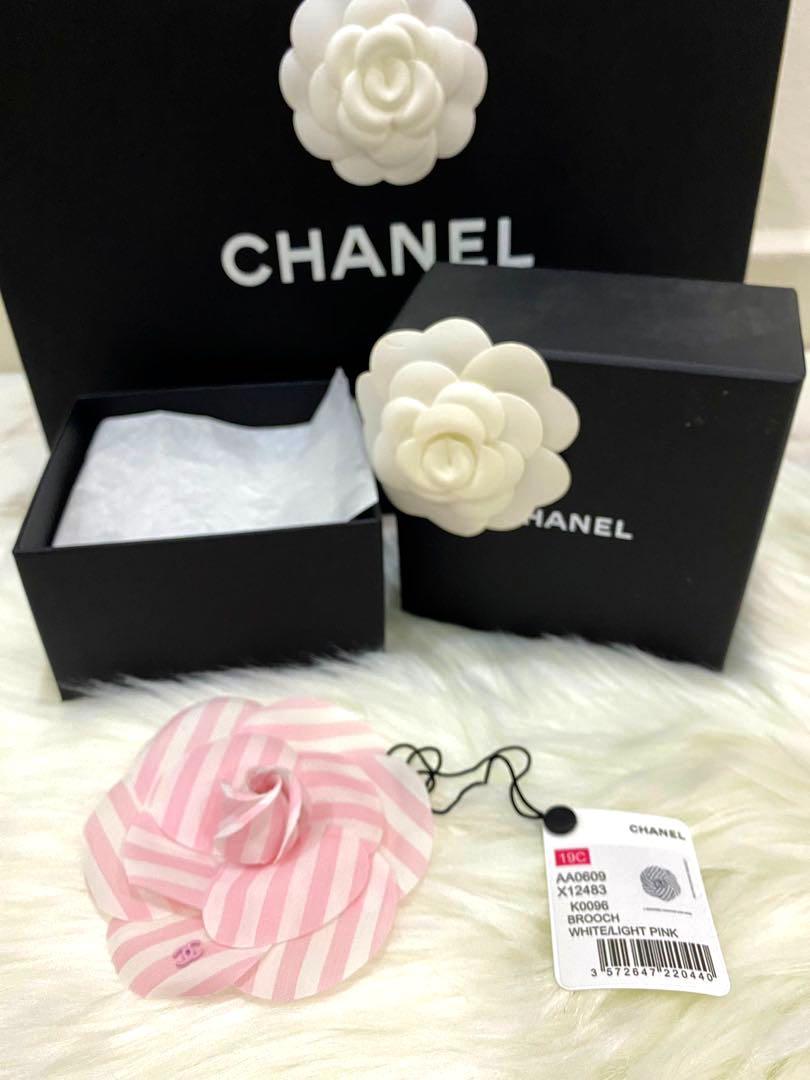 CHANEL CC logo Brooch - Candy Stripe Baby Pink White Camellia, Luxury,  Accessories on Carousell
