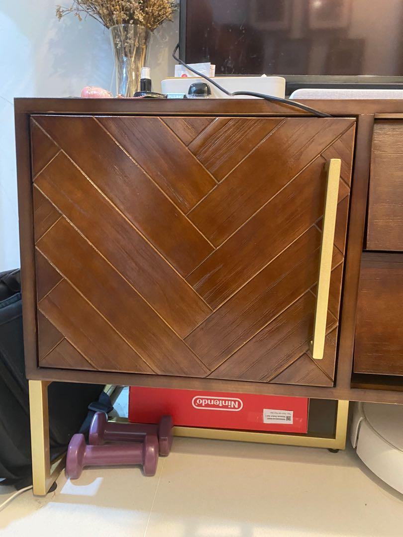 Herringbone TV console solid wood, Furniture & Home Living, Furniture