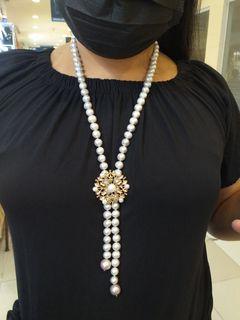 Long necklace original fresh water pearl with brooch