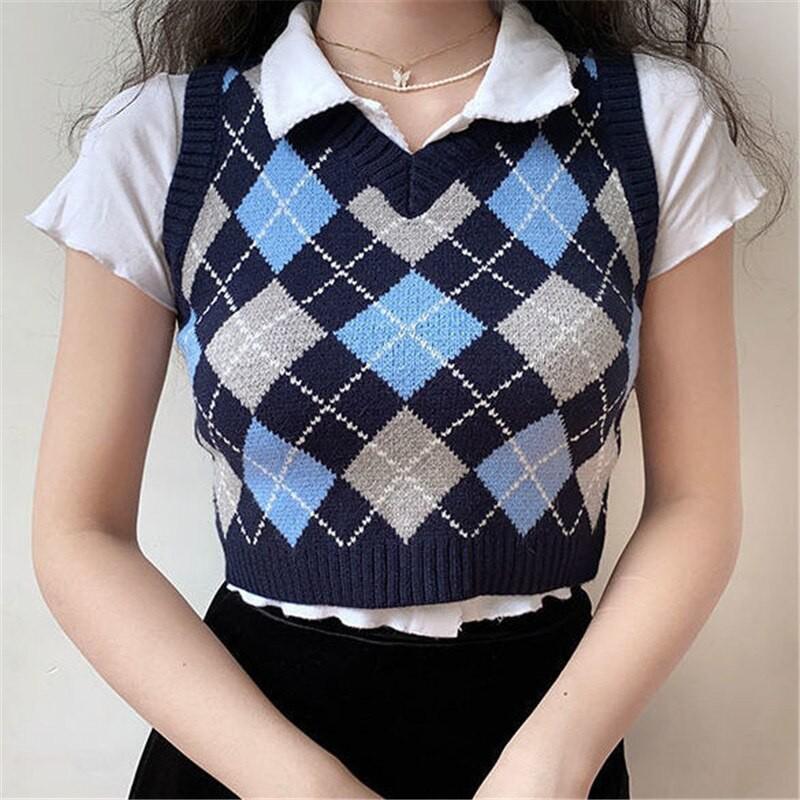 New Argyle Plaid Knitted Sweater Vest Women Preppy Style Autumn Women s Fashion Tops Blouses on Carousell