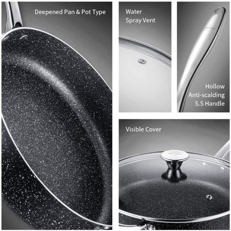 SKY LIGHT Wok Pan with Lid, 12-inch Nonstick Stir Fry Pan, 100% APEO &  PFOA-Free Granite Stone Coating, Cookware Pot with Detachable Wooden  Handle, Induction Compatible,Black 