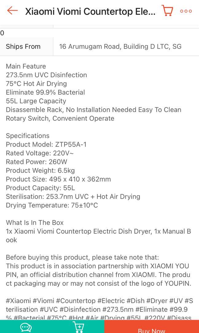 Xiaomi Viomi Table-top Electric Dish Dryer UV Sterilisation 273.5nm Hot Air  Drying Eliminate 99.9