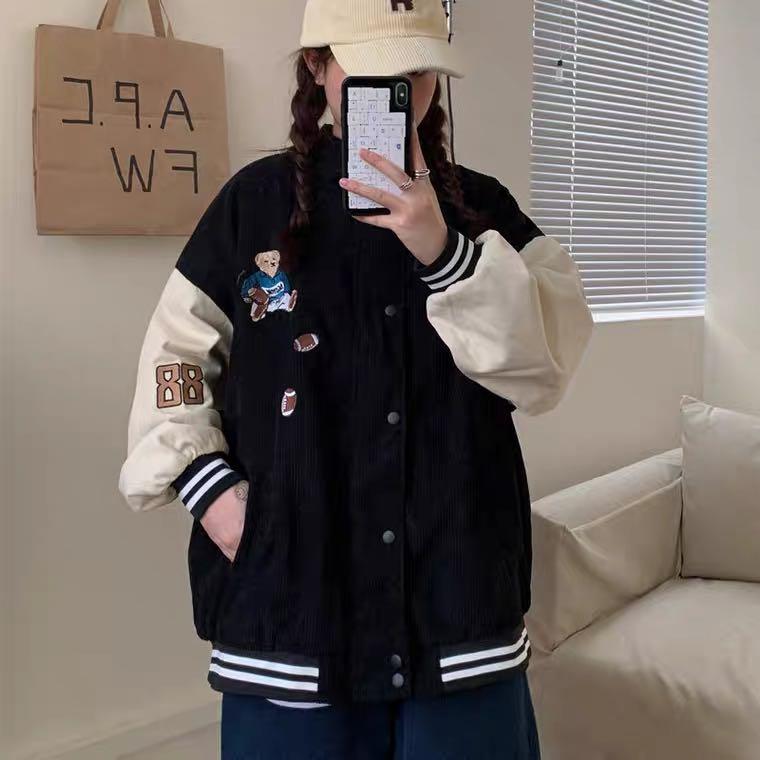 1268 bear colourblock beige black embroidered button up bomber jacket sweater ulzzang korean vintage retro Women s Fashion Coats Jackets and Outerwear on Carousell