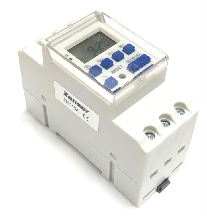7 days programmable time switch (Category: Electrical, Adaptors & Sockets) located in Singapore. Submitted by funuser (Listing ID 1095248921, Image 1). Description: DIN rail mount 7 days digital programmable time switch suitable for installation in DB box. 1. 16 programs 2. 1NO/1NC to common, 230VAC, 30A resistive load 3. Auto/manual control 4. 6 months warranty against material defects. Exclude misuses such as overloading and short-circuit..