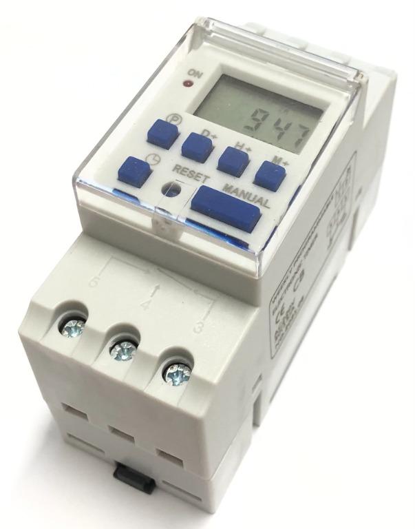 7 days programmable time switch (Category: Electrical, Adaptors & Sockets) located in Singapore. Submitted by funuser (Listing ID 1095248921, Image 2). Description: DIN rail mount 7 days digital programmable time switch suitable for installation in DB box. 1. 16 programs 2. 1NO/1NC to common, 230VAC, 30A resistive load 3. Auto/manual control 4. 6 months warranty against material defects. Exclude misuses such as overloading and short-circuit..