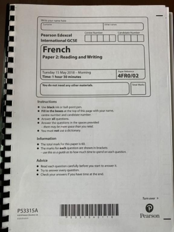 Igcse french past papers exam code 4fr0 print out material