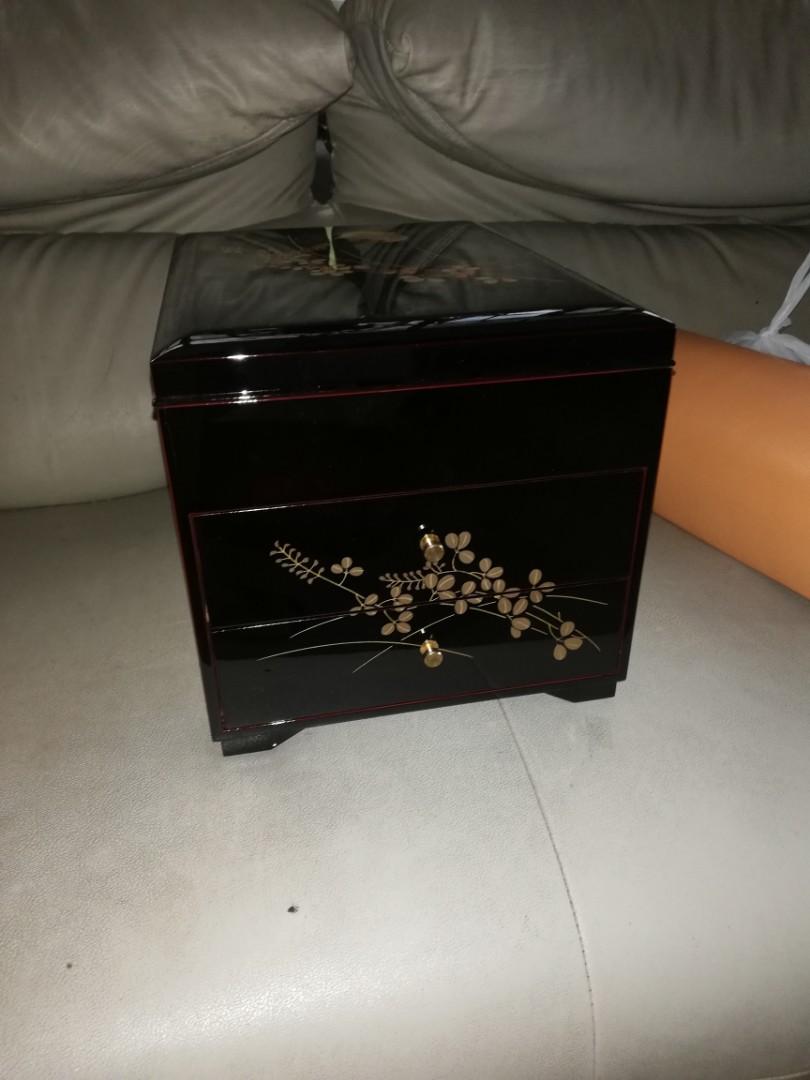 Jewelry box, 28cm x 22cm x20 (Category: Storage Boxes & Baskets) located in Paranaque City. Submitted by 4thestate.surplusan (Listing ID 1095426342, Image 2). Description: a very beautiful black laquered, floral design jewelry box,( bento material), approx measures, 28cm x 22 cm x 20 cm, pls refer to pics for details, or pm.