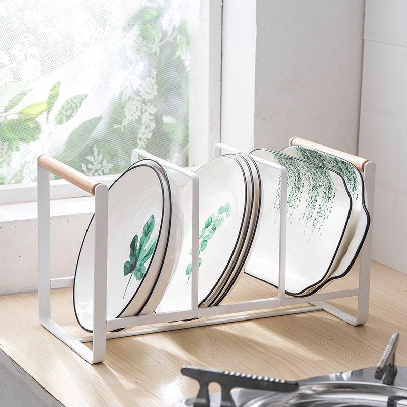 Plate Rack Dish Rack Holder Kitchen Organizer (Category: Other Kitchenware & Tableware) located in Manila. Submitted by winterbliss (Listing ID 1095257053, Image 1). Description: Available Color: White Materials: Metal, Wood Size: - Small: 11.5*12*14cm - Large: 11.5*16*20cm - 3 divider: 34.5*16.5*20cm Package includes: 1pc organizer .