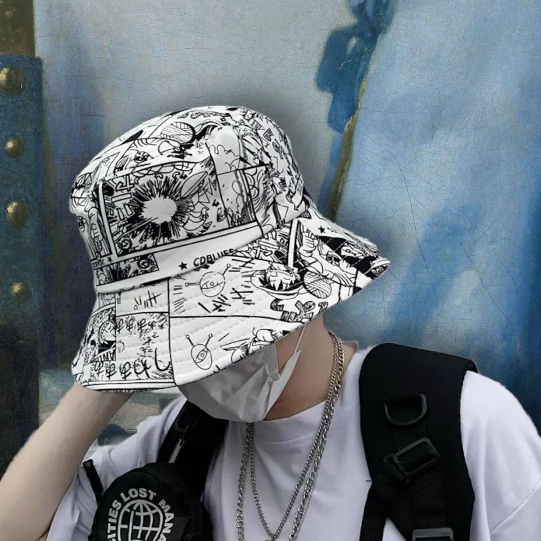 Po 2 Colours Hat Bucket Fishermen S Cap Anime Print Harajuku Fashion Graffiti Streetwear Unisex Ulzzang Men S Fashion Watches Accessories Caps Hats On Carousell