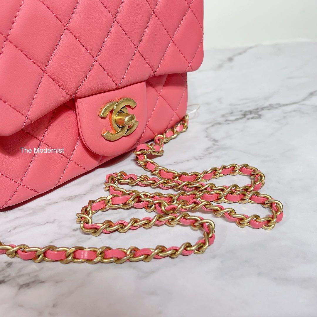 Authentic Chanel 2021 Coral Lambskin Square Flap Bag With Gold Pearl Crush  AS1786 B02916 NA106