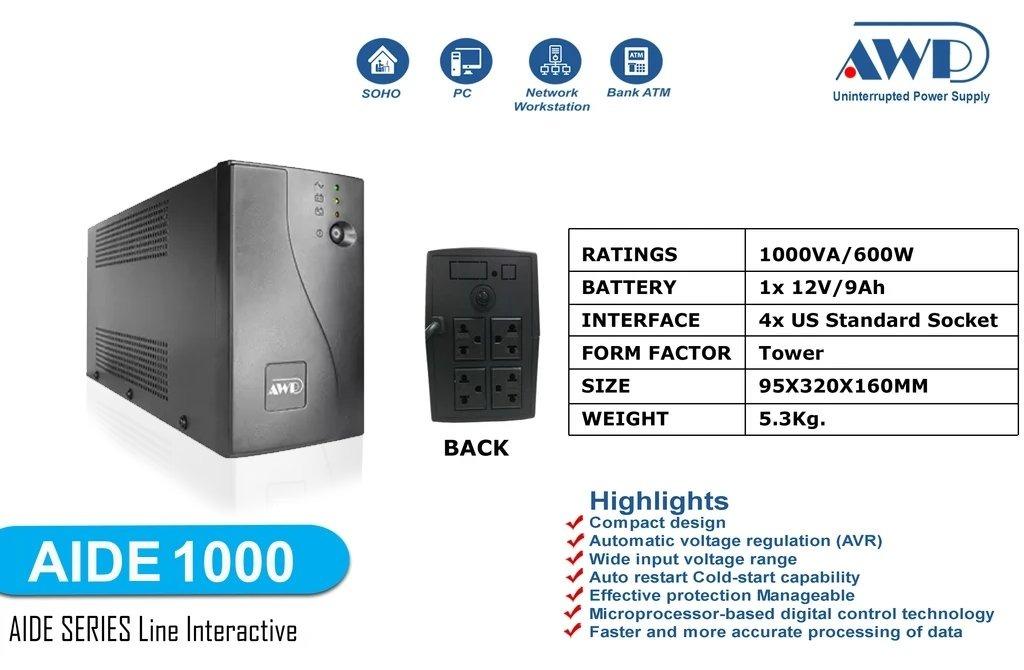 AWP AID1000 1000VA/600W UPS (Category: Office & Business Technology) located in Manila. Submitted by sdfsolutions (Listing ID 1091548199, Image 1). Description: Type: Line Interactive UPS, Tower Design Ratings: 1000VA/600W Battery: 1x 12V/9AH Interface: 4x Universal Socket, LED Indicators Dimensions(WxDxH): 95x320x160mm Weight(Net/Gross): 5.3Kg/5.8Kg Warranty: 2yrs. UPS / 1yr. Battery Tags: UPS AWP Ups AWP AWP AID1000 1000VA/600W UPS 1000va 650va