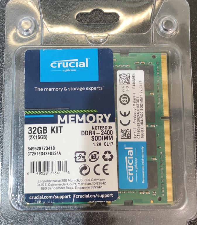 Crucial 32GB Kit (2 x 16GB) DDR4-2400 SODIMM, CT2K16G4SFD824A