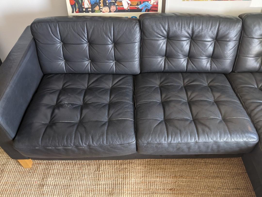 Ikea Black Leather Chaise Sofa 3 Seater, Furniture & Home Living