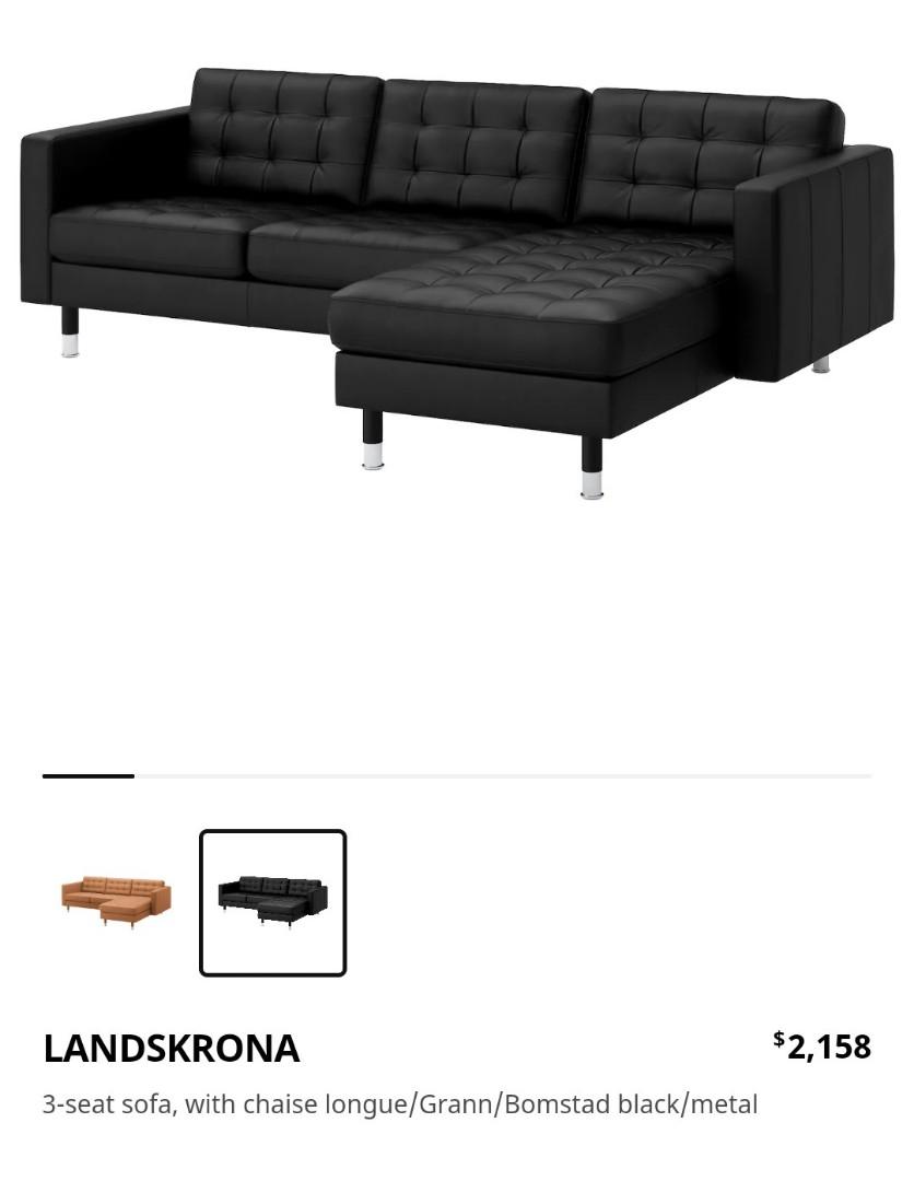 Ikea Black Leather Chaise Sofa 3 Seater, Furniture & Home Living