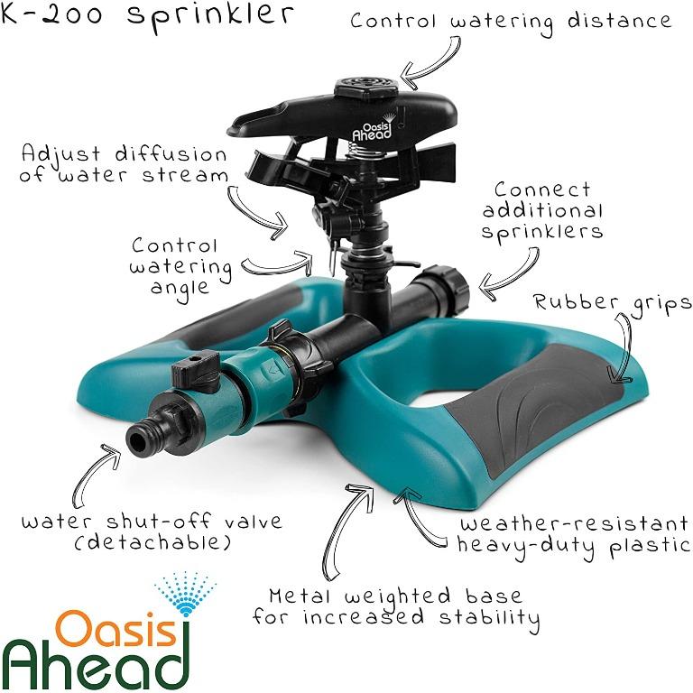 Oasis Ahead Lawn Sprinkler K-200 With Long Range Pulsating Head For Up To 360 Degrees Watering Of Your Garden Including Water Shut Off Valve and Metal Weighted Base with Extra Sprinkler Head
