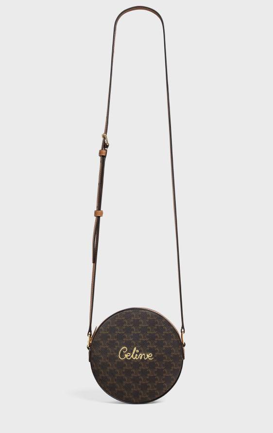 ROUND PURSE ON STRAP IN TRIOMPHE CANVAS WITH EMBROIDERED CELINE