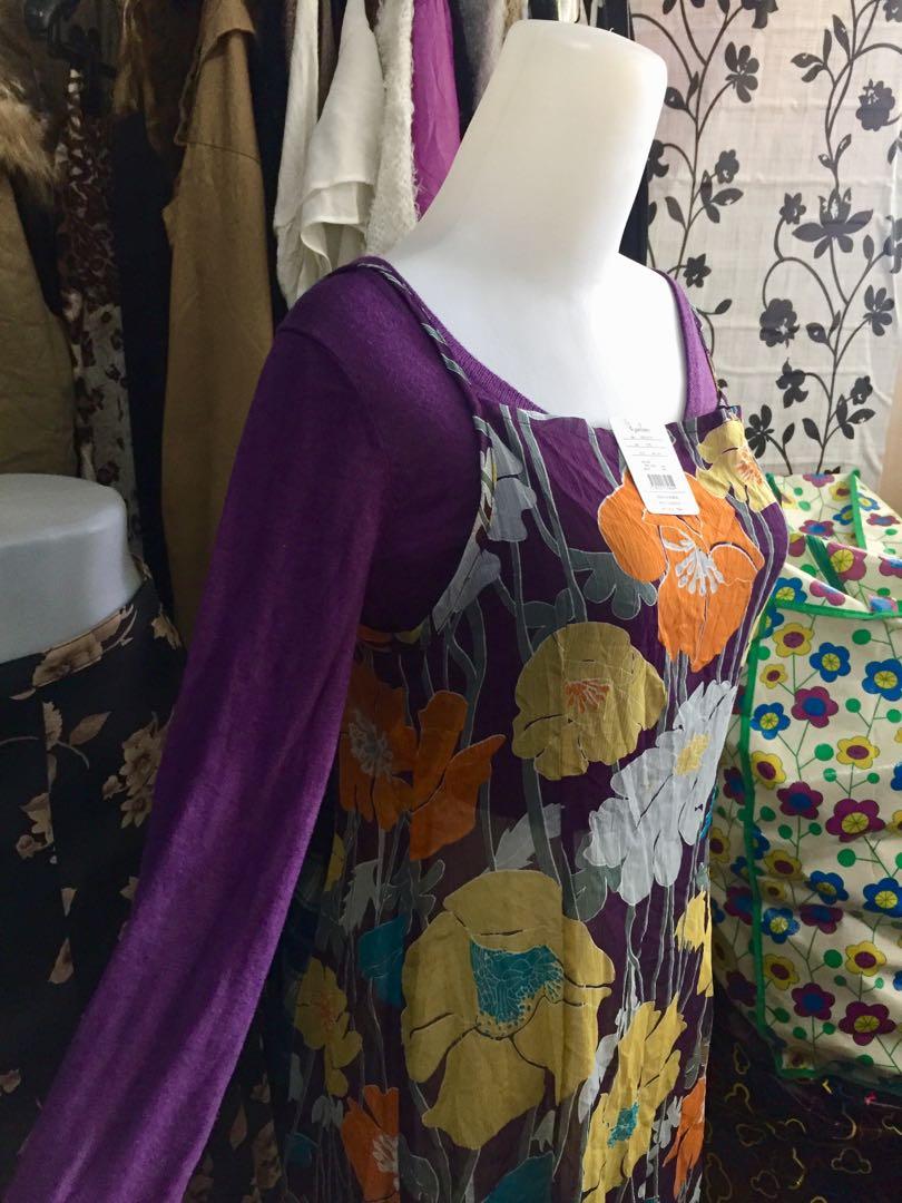 2 in 1 Cardi Overall Dress Lilac, Fesyen Wanita, Pakaian Wanita, Gaun