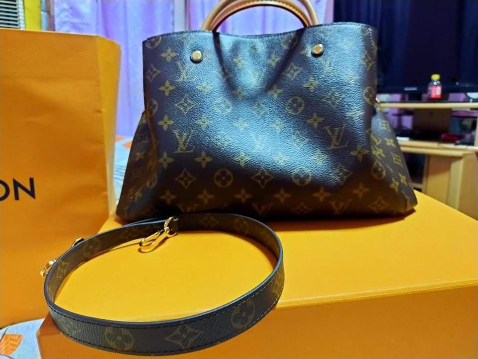 Authentic Louis Vuitton montaigne GM (Category: Luxury Bags & Wallets) located in Pasig City. Submitted by Watchaholics (Listing ID 1095434624, Image 2). Description: authentic LV montaigne mono GM Used once only 9/10 condition With receipt With serial code Paperbag Slightly neg.