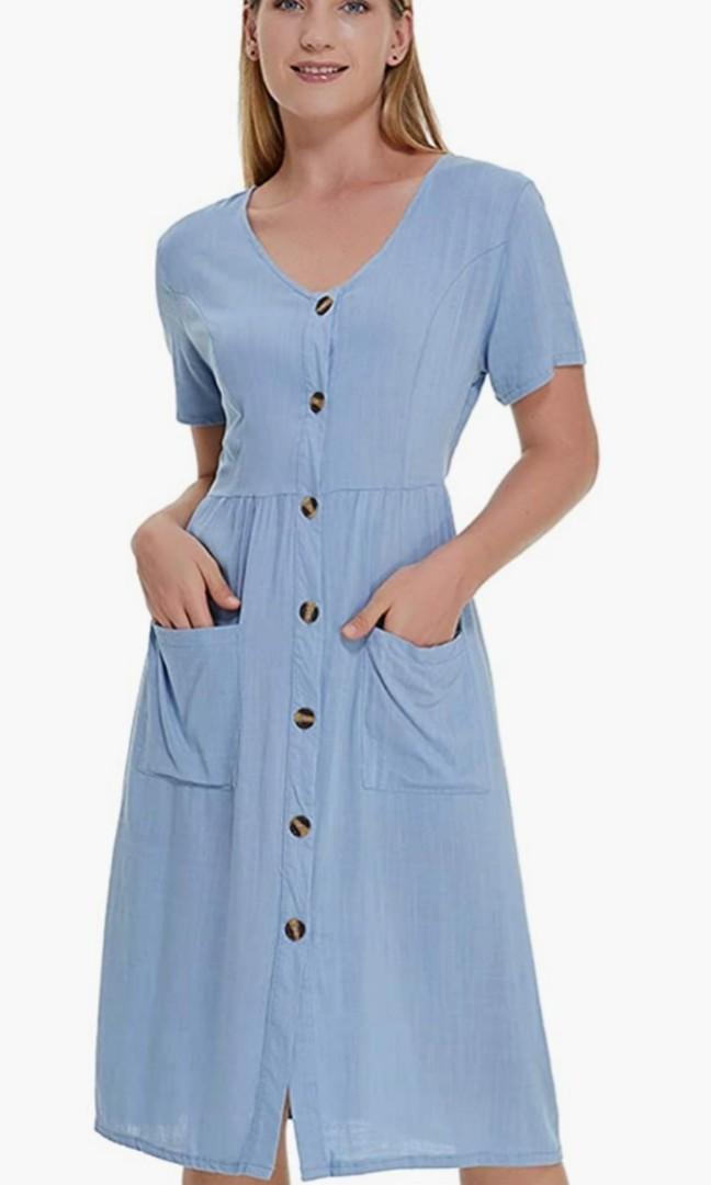 Light blue dress casual ladies dress button down office wear pockets,  Women's Fashion, Dresses \u0026 Sets, Dresses on Carousell