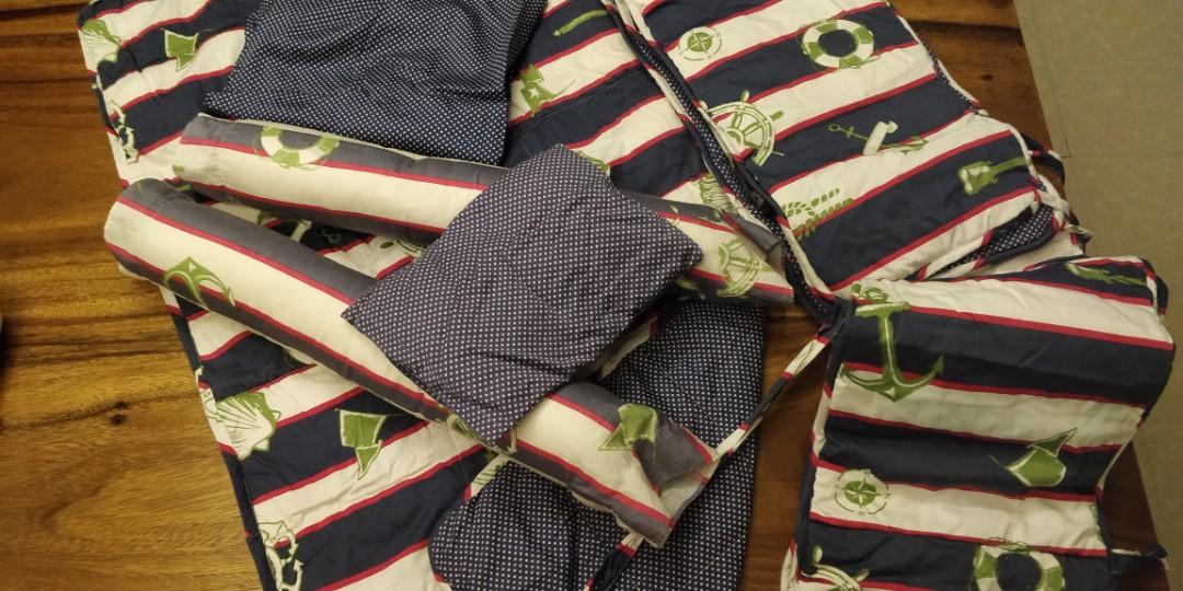 Royal Linens Anchor Theme Crib Set (Category: Cots & Cribs) located in Paranaque City. Submitted by kng_preloved (Listing ID 1095603393, Image 1). Description: includes baby pillows, bolster pillow, crib sheets, blanket, crib cotton guard flaw: faded pillow and bolster case but blanket, guard, and crib sheet were still good as new price is still negotiable depending on number of items bought :) rfs: decluttering buyer to shoulder shipping cost se
