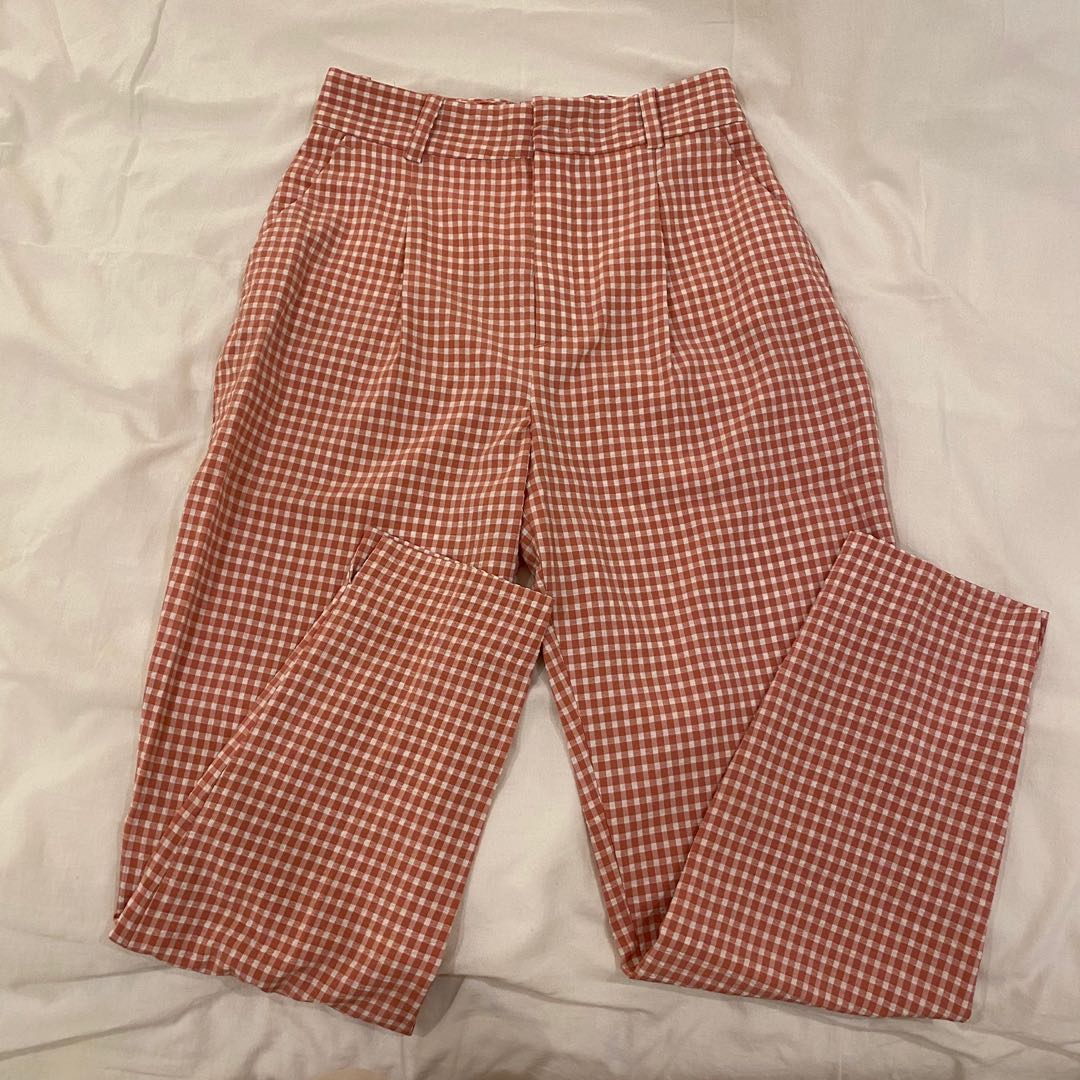 zara pink gingham trousers, Fesyen 