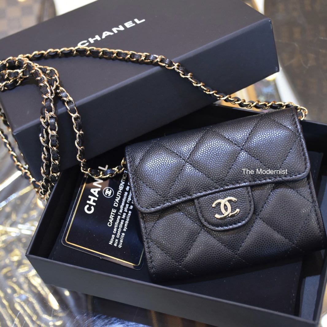 Authentic Chanel Small Flap Wallet With Chain Black Caviar Light Gold  Hardware