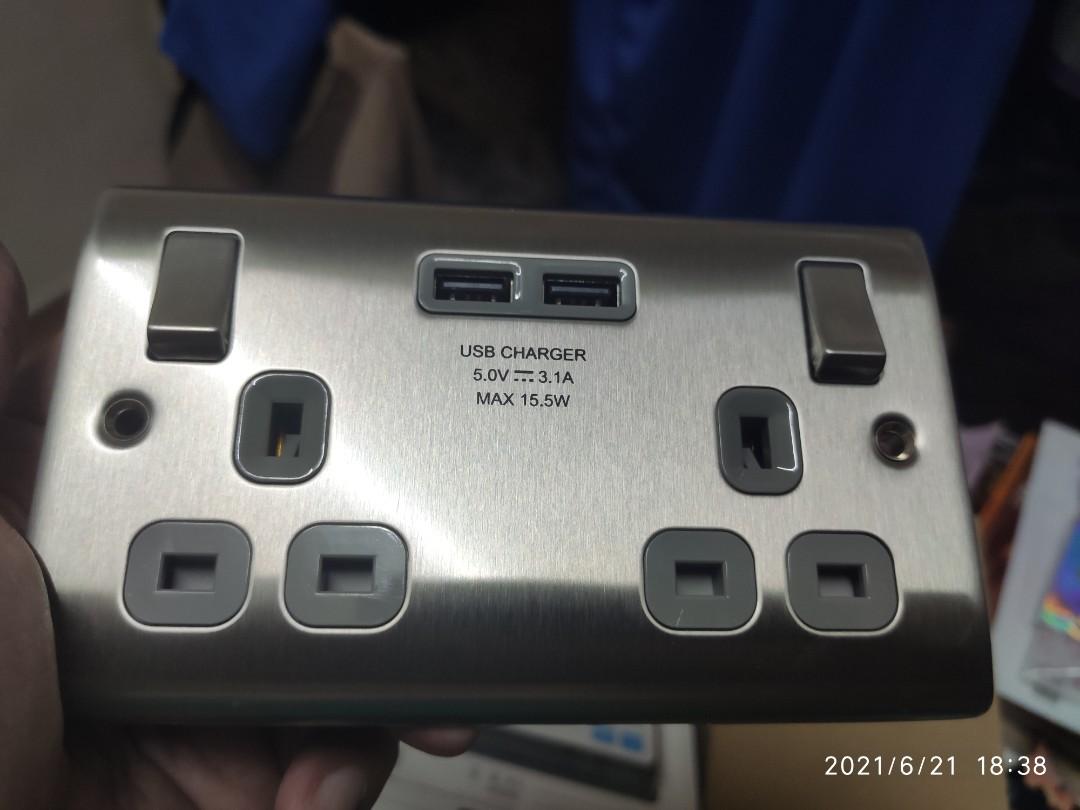 全新 BG British Genral double switched 13A socket+ 2 x usb(3.1A), 家庭電器, 轉 ...