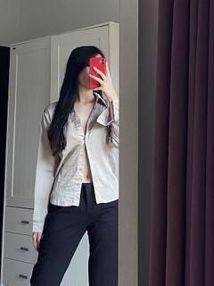 Champagne grey satin button up top shirt kemeja