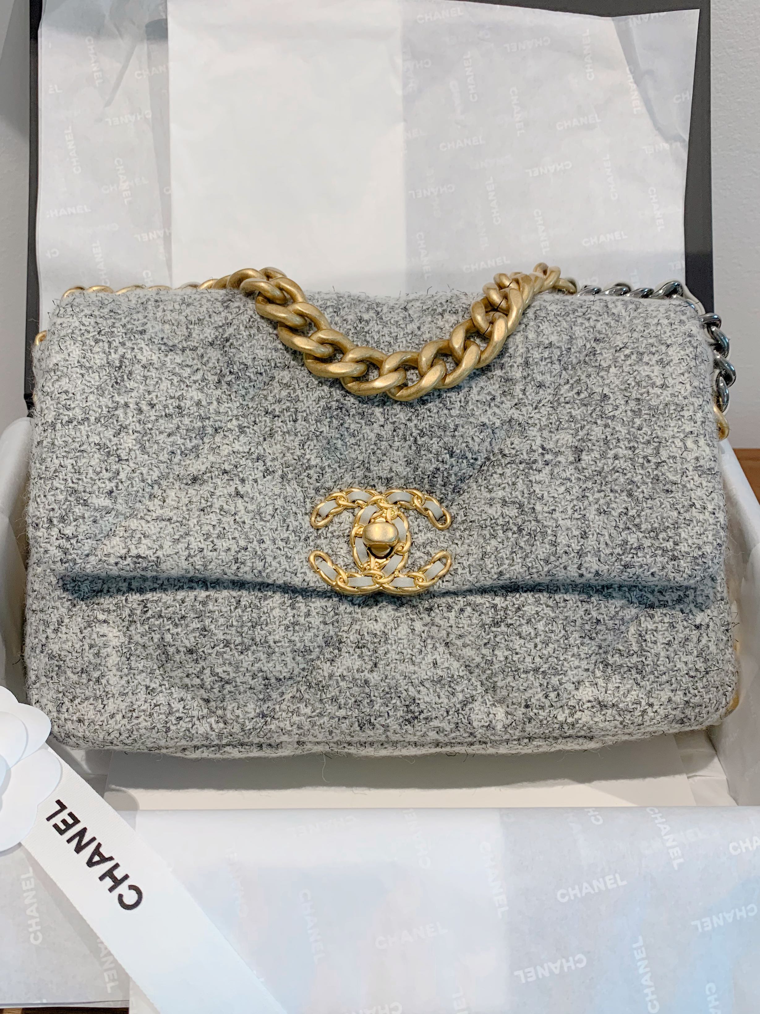 Chanel Tweed Quilted Mini Rectangular Flap Blue Multicolor  STYLISHTOP