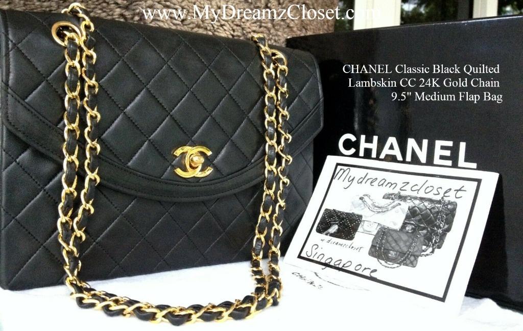 CHANEL Classic Black Quilted Lambskin CC 24K Gold Chain 9.5 Medium Flap Bag,  Luxury, Bags & Wallets on Carousell