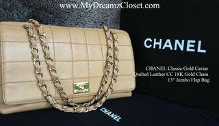 CHANEL Classic Gold Caviar Quilted Leather CC 18K Gold Chain 13" Jumbo Flap Bag