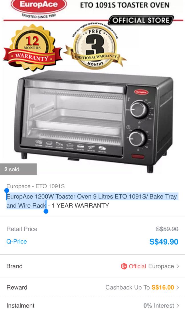 EuropAce 1200W Toaster Oven 9 Litres ETO 1091S/ Bake Tray and Wire Rack