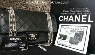 FULL SET CHANEL Classic Black Quilted Calfskin Bijoux Medium Double Flap Bag