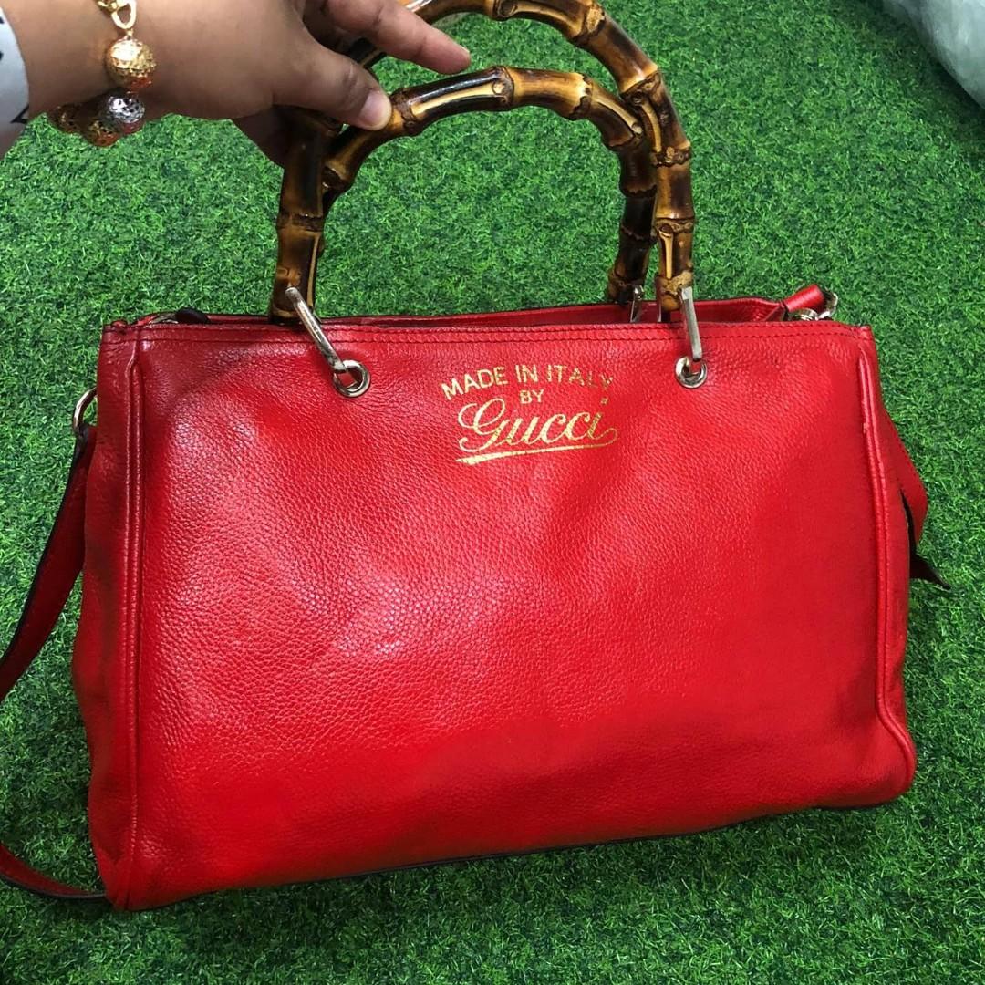 GUCCI BAMBOO RED MEDIUM TWO WAY LEATHER BAG