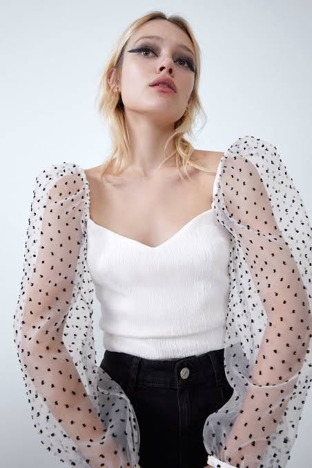 Zara mesh polka dot top, Women's Fashion, Tops, Blouses on Carousell