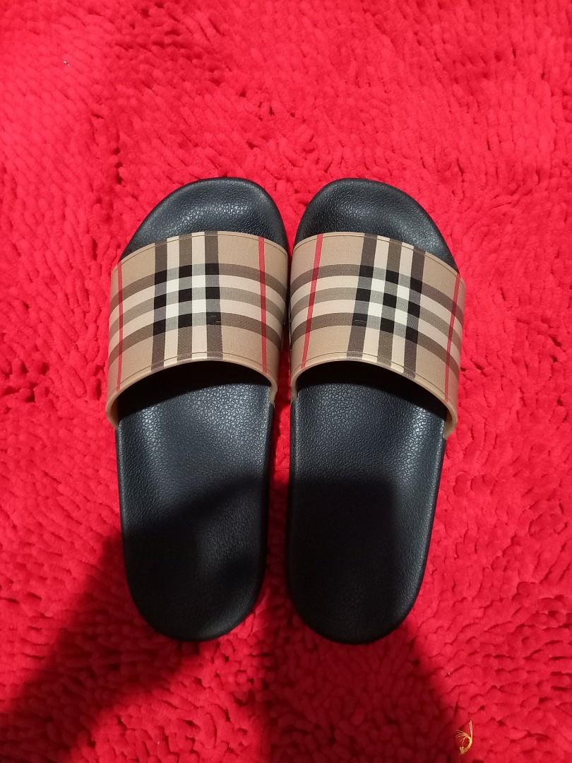 Monogrammed Burberry Plaid Slides