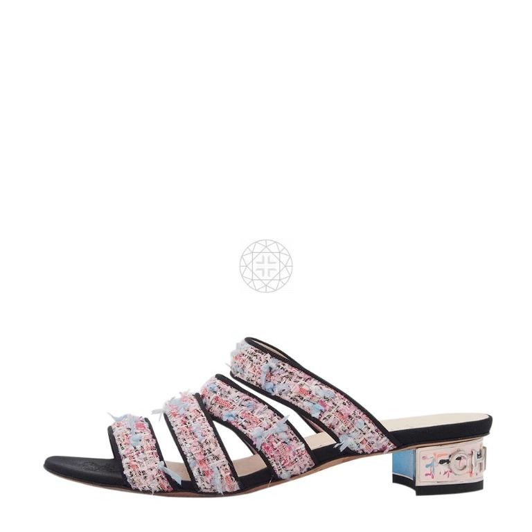 Chanel Pink Tweed Logo Slide Sandals Luxury Sneakers Footwear On Carousell